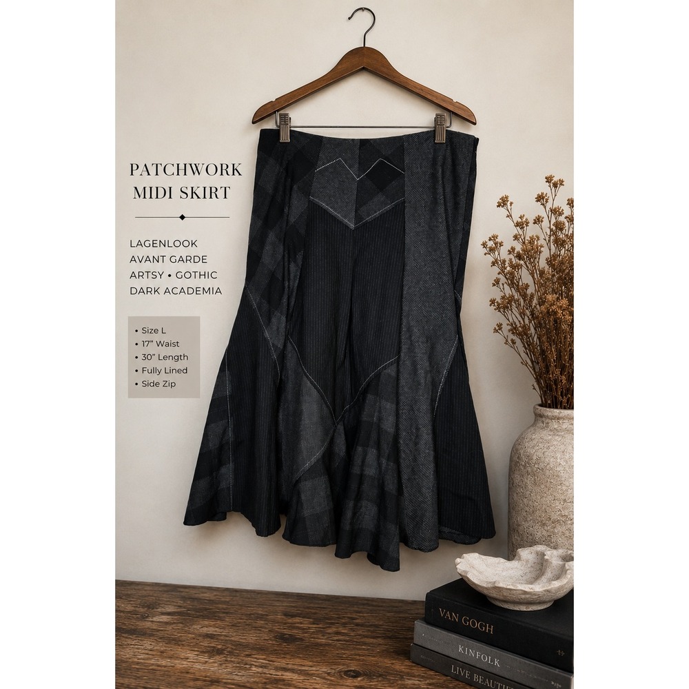 Black Patchwork Midi Skirt Lagenlook Avant Garde Pinstripe Plaid Gothic L